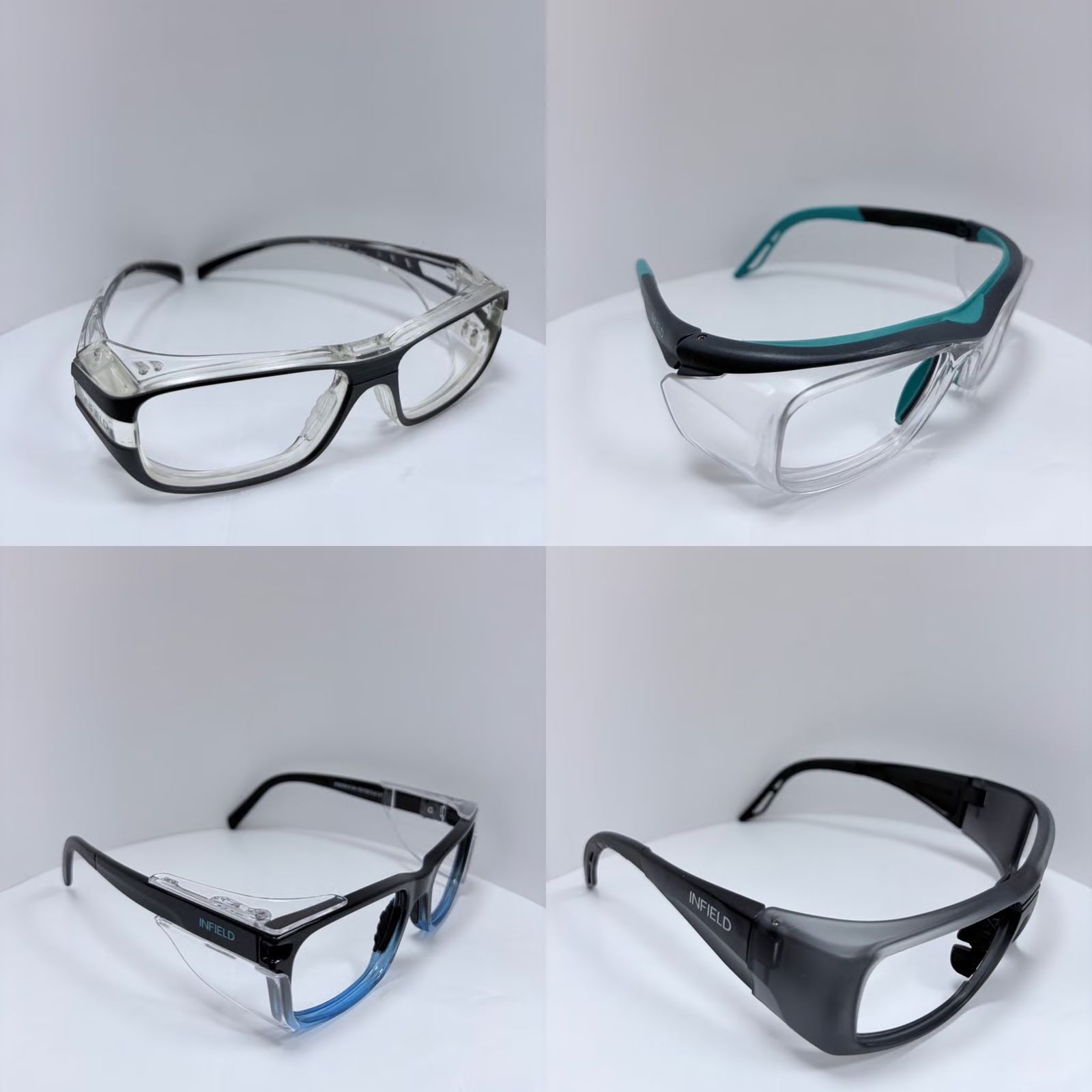 Cuatro modelos de gafas de protección graduadas, transparentes y con detalles de color.