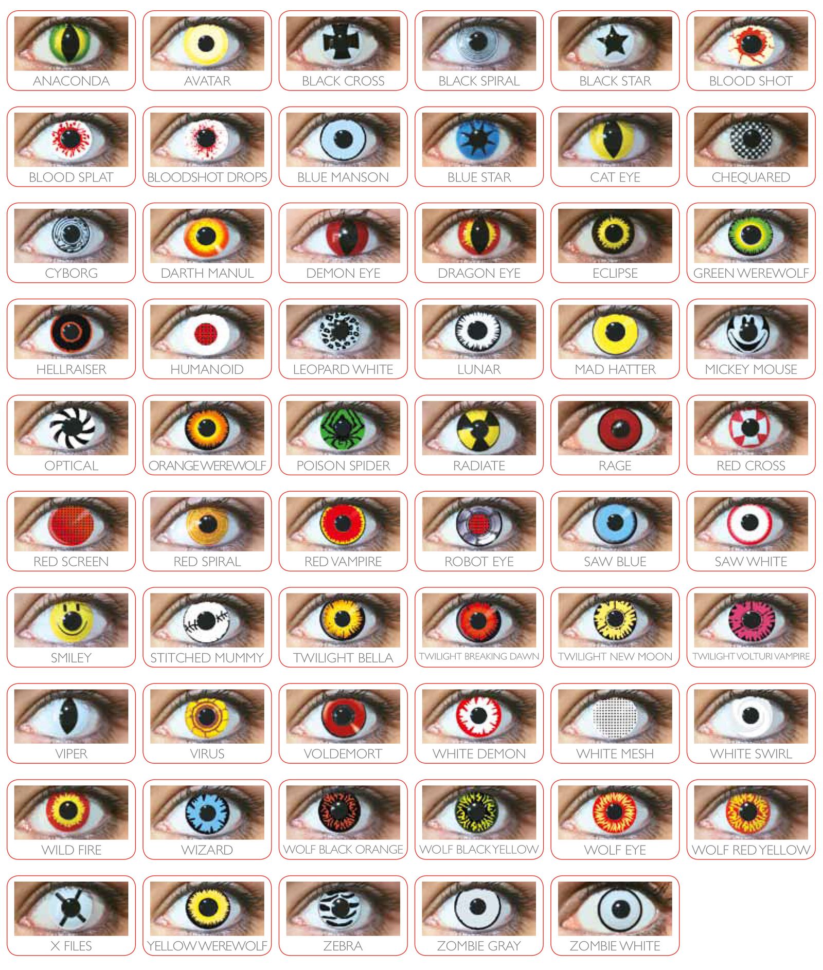Muestrario de lentillas de colores y de fantasía.